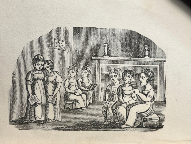 Children seated in an etching print