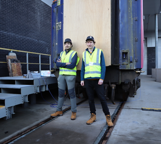 Dr Mahmoud Wagih (left) and Mr James Stephenson (right), at the BCIMO rail innovation centre.