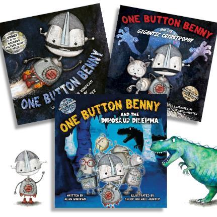 Three books titled One Button Benny with robots on the covers and a small green dinosaur