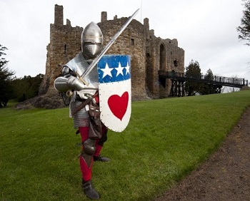 Image showing a person dressed in armour in front of a castle ruin.
