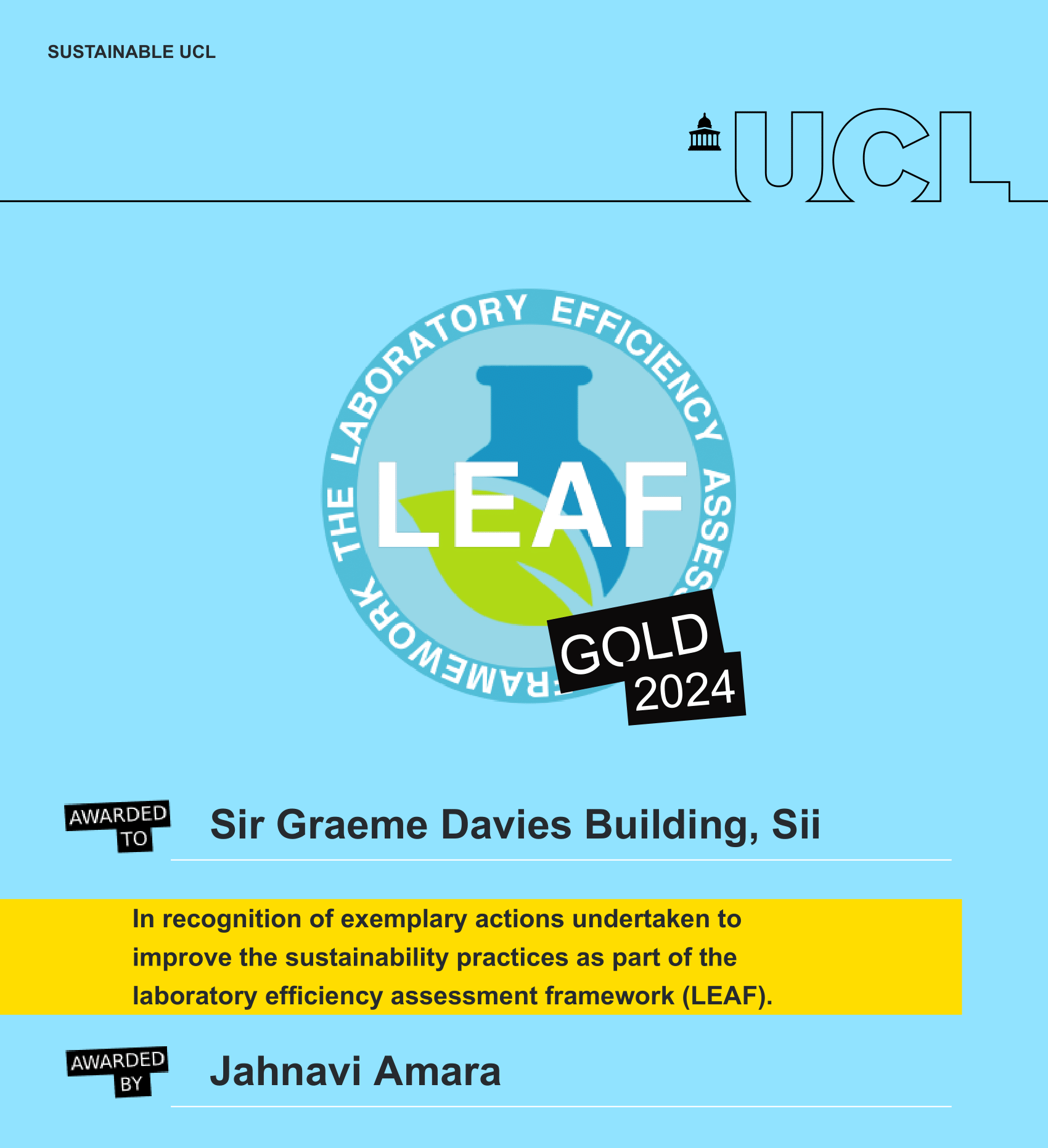 A certificate recognising the Sii Sir Graeme Davies Building has retained its gold status from LEAF for 2024. The certificate is on a sky blue background, and includes the LEAF logo