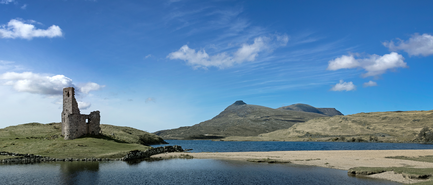 Landscape with Ardvreck Castle, with beach and mountain in background