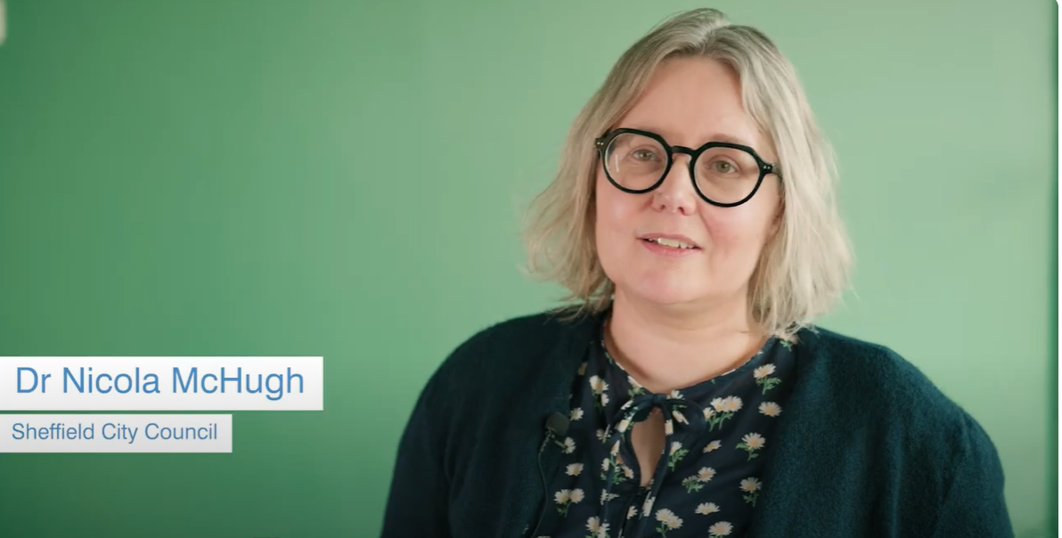 Video image of woman facing forward in front of a green screen - caption reads Dr Nicola McHugh Sheffield City Council