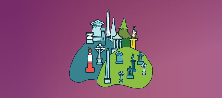 Cartoon image of the glasgow necropolis with multiple gravestones on hills.