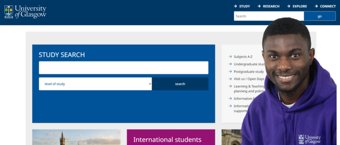 Screenshot of University website homepage with a headshot of Kenneth