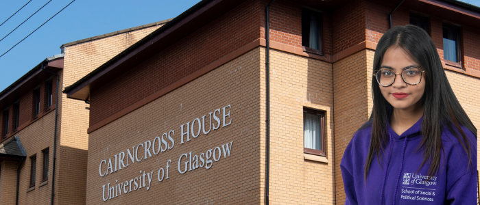 Exterior of Cairncross House accommodation with a headshot of a smiling woman