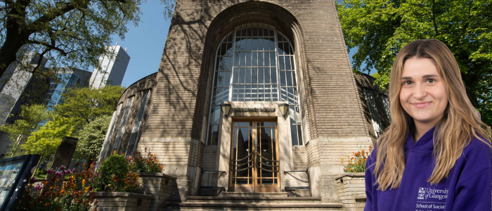 Exterior of the Reading Room with headshot of smiling woman