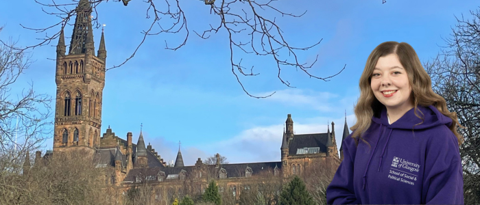 Exterior of the Gilbert Scott from afar with headshot of smiling woman