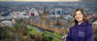 Birds eye view of the Gilbert Scott campus with headshot of smiling woman