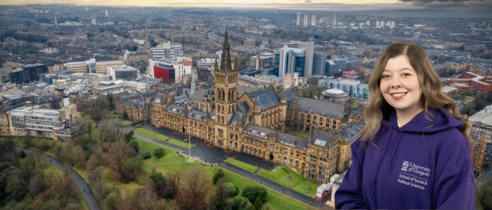 Birds eye view of the Gilbert Scott campus with headshot of smiling woman