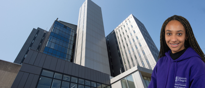 Exterior of university library with headshot of smiling woman