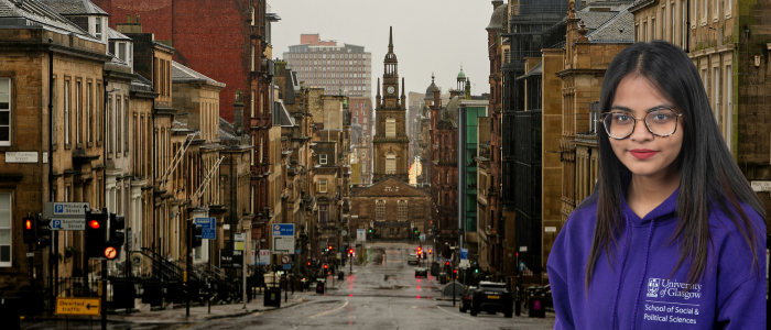 View down a street in Glasgow with headshot of smiling woman