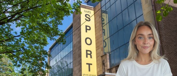 UofG Sport building sign with headshot of smiling woman