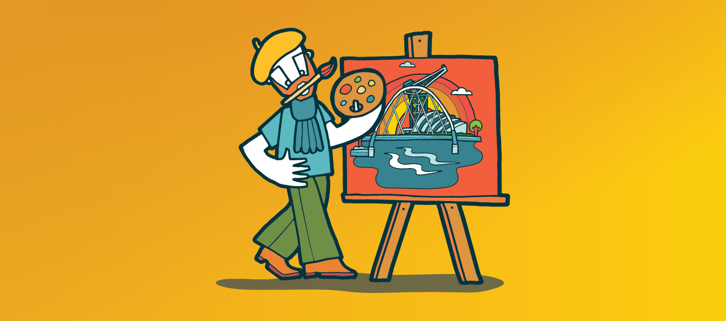 Cartoon image of a painter with a mixing board and a canvas showing an image of the Clyde.