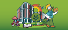 Cartoon image of the ARC building with mushrooms, a book and a painter.