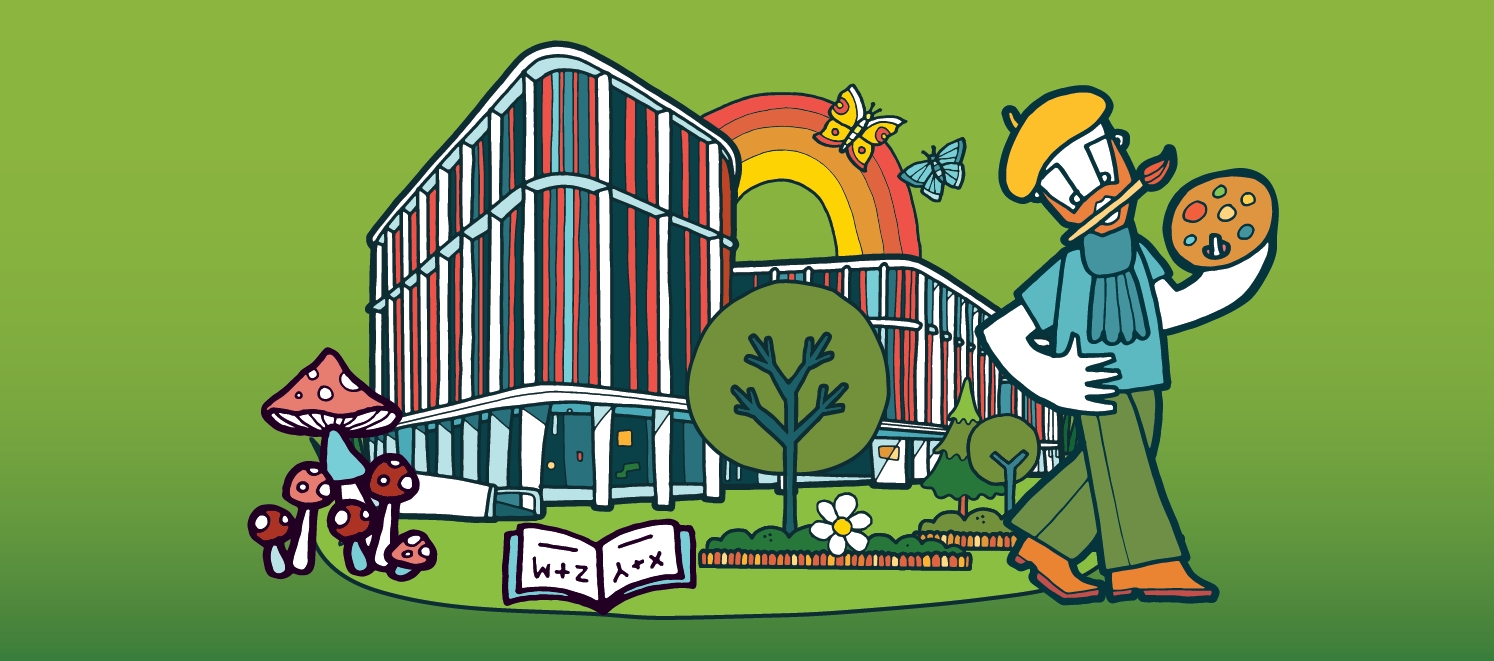 Cartoon image of the ARC building with mushrooms, a book and a painter.