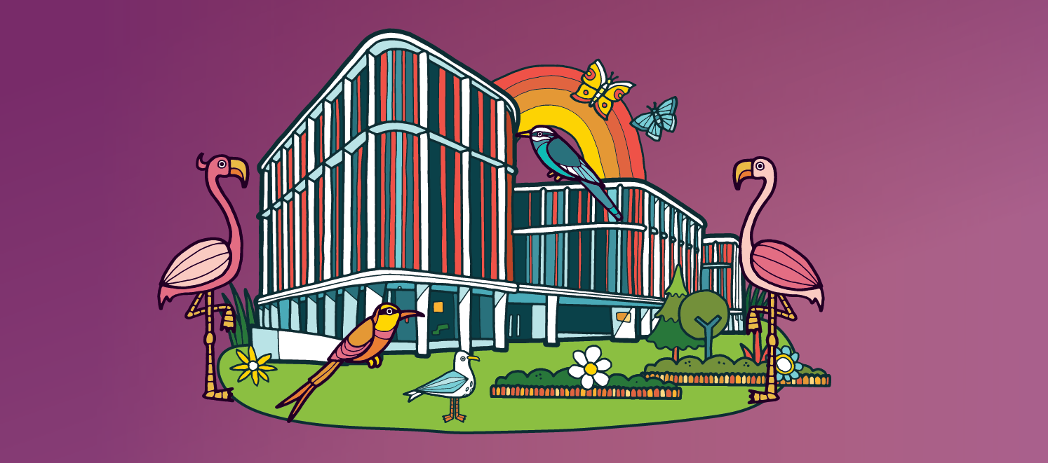 Cartoon image of the ARC building with various birds including seagulls and flamingoes.