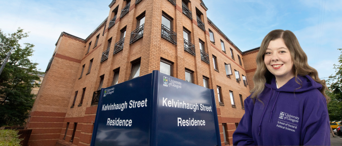 Exterior of Kelvinhaugh student accommodation with headshot of smiling woman