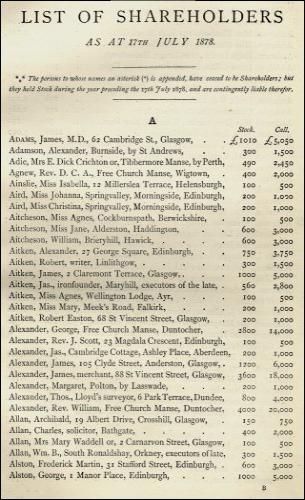 First page of The City of Glasgow Bank's list of shareholders and their holdings as at 17th July, 1878. (GUAS Ref: UGD 108/3 p9. Copyright reserved.) 