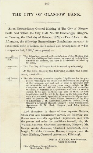 Details of the motions placed before the Extraordinary General Meeting of The City of Glasgow Bank held on Tuesday 22nd October 1878 and recorded here by the Clerk to Meeting, Rob. S. Aikman, 23rd October 1878. (GUAS Ref: UGD 108/3 p140. Copyright reserved.) 