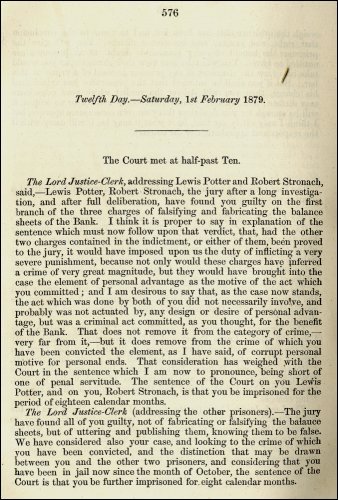 The verdict of the trial announced by the Lord Justice-Clerk before the High Court of Justiciary at Edinburgh, 1st February 1879. (GUAS Ref: UGD 108/11 p576. Copyright reserved.) 
