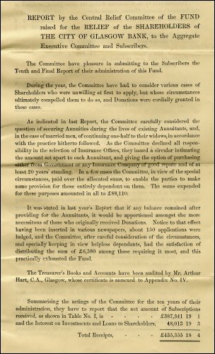 First page of the final report by the Central Relief Committee of The City of Glasgow Bank Shareholder's Relief Fund to the Aggregate Executive Committee and Subscribers, 1885. (GUAS Ref: UGD 108/30 p1. Copyright reserved.) 