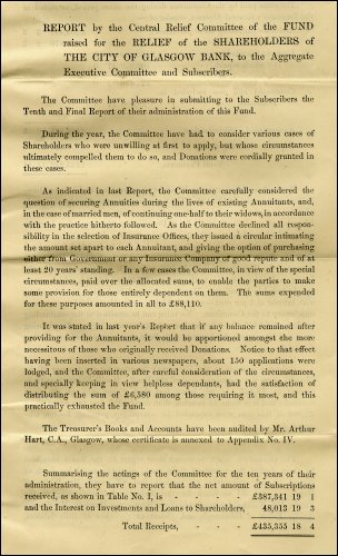 First page of the final report by the Central Relief Committee of The City of Glasgow Bank Shareholder's Relief Fund to the Aggregate Executive Committee and Subscribers, 1885. (GUAS Ref: UGD 108/30 p1. Copyright reserved.) 