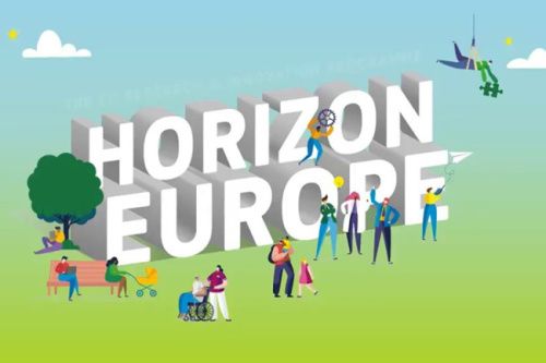 Illustration showing Horizon Europe in large letters surrounded by people