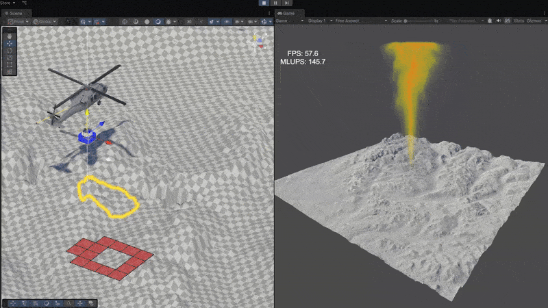An animated image showing a sample firefighting mission. The water is released from the bucket above a fire and the resulting atmospheric temprature drops as the heat source is removed