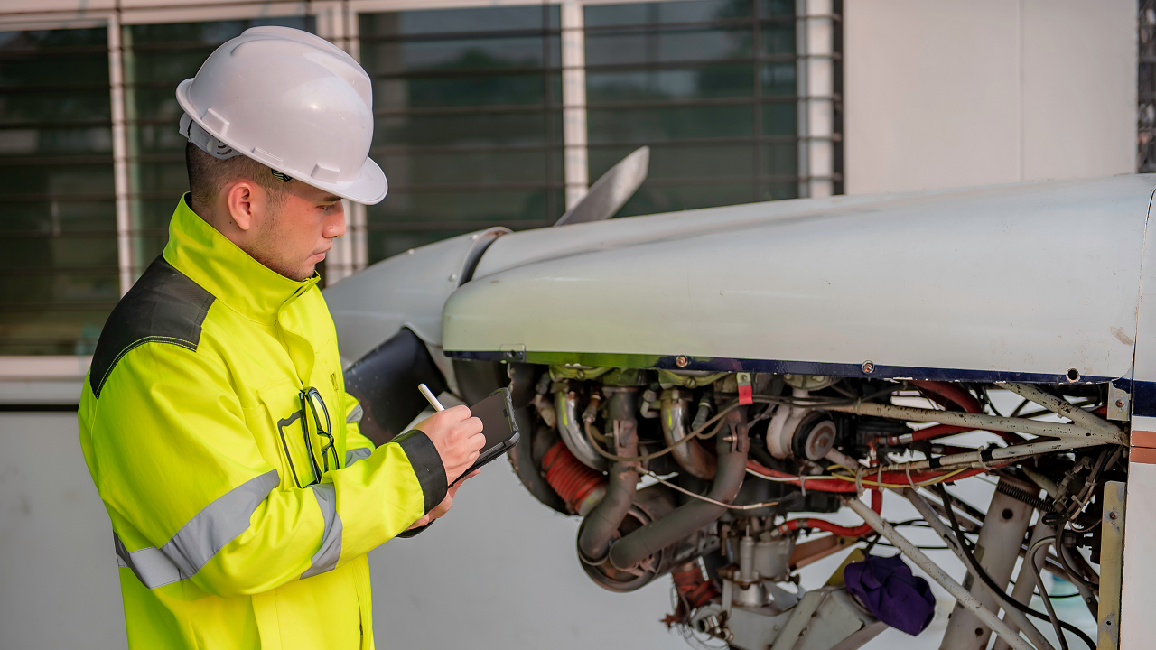 Man in high vis and helmet checking wing mechanism on airplane