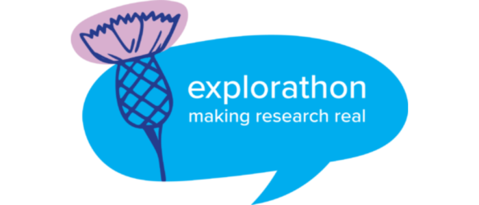 Illustration of a thistle on the left with the words Explorathon making research real beside.