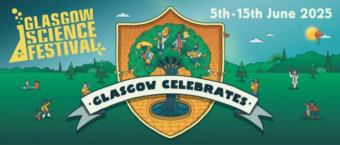Illustration of a crest with Glasgow Celebrates across the middle, the crest is sitting in front of an illustration of a park with people walking