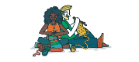 Cartoon image of two people sat down knitting.