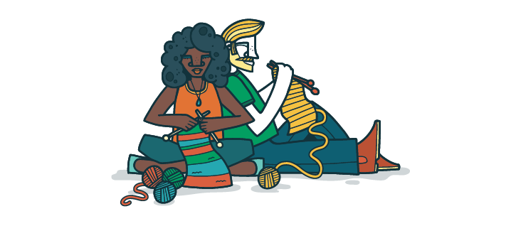Cartoon image of two people sat down knitting.