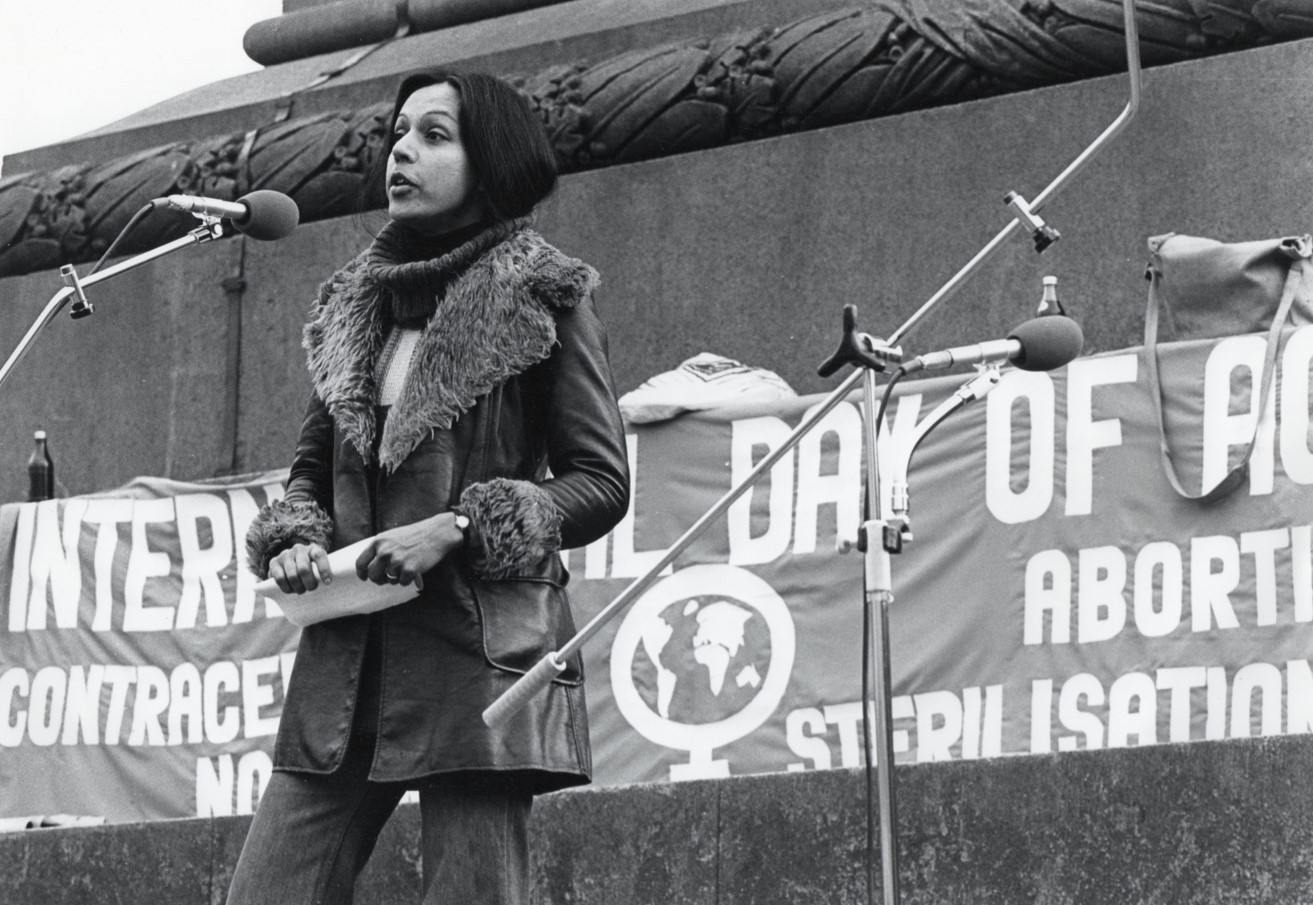 Amrit-Wilson-speaking-at-Trafalgar-Square-demo-on-reproductive-rights-1979--Photo-Michael-Ann-Mullen