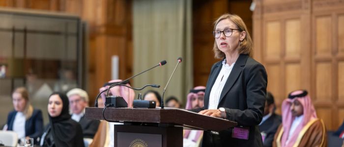 A female lawyer at the podium at the international court of justice