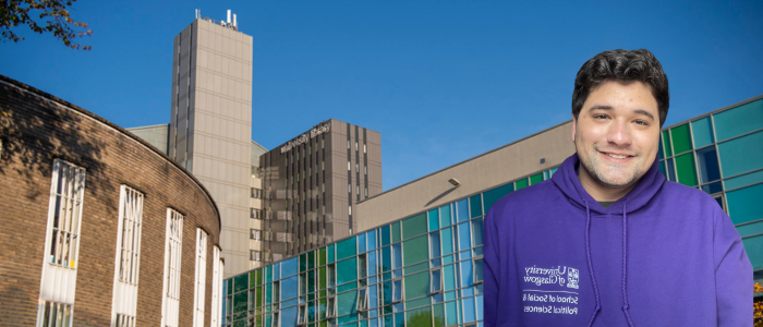 View of the university library, round reading room and Fraser building with headshot of a smiling man