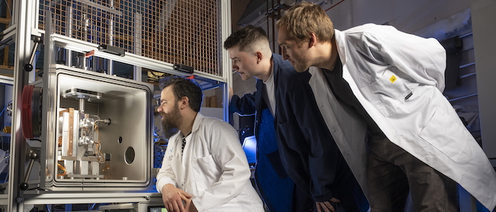 (l-r) Dr Gilles Bailet, Matthew Deans and Charlie Patterson of the James Watt School of Engineering with the NextSpace TestRig