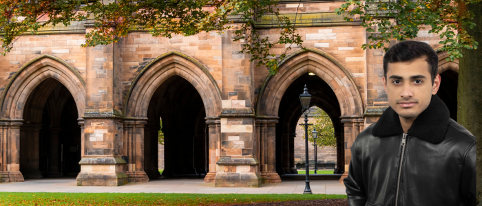 View through the University cloisters from one of the quads with headshot of smiling man