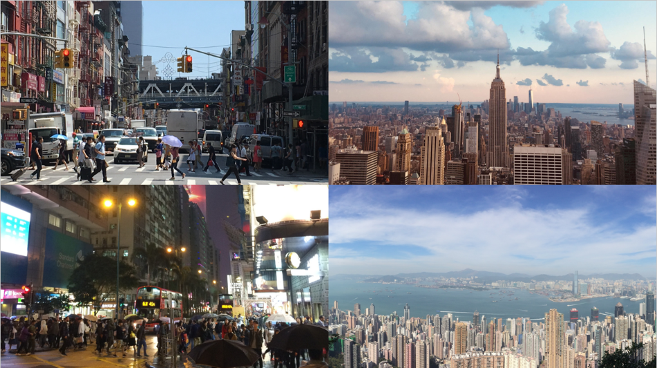 views of new York and hong kong from above, juxtaposed with  everyday shots of city streets of the same city