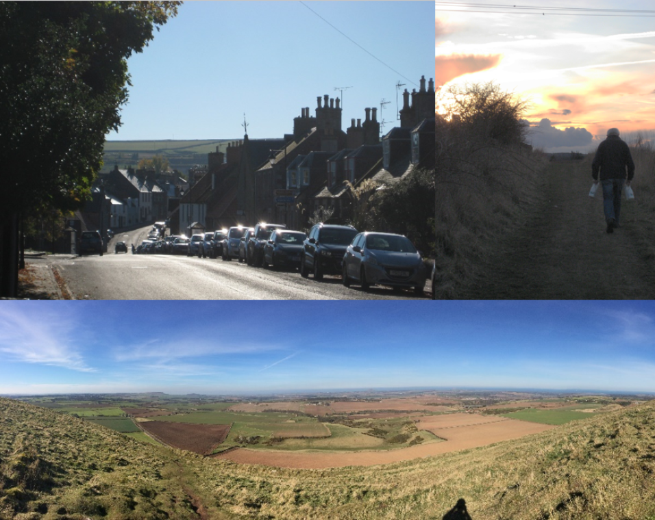 view of a rural landscape and everyday life in rural settings, a road, and a rural path walked by someone getting their 'messages' from the village