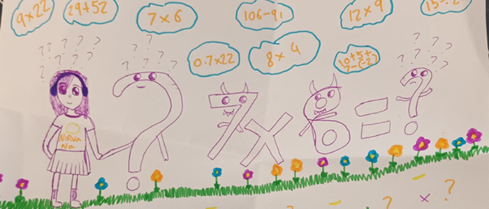 A hand drawn picture of a girl beside arithmetic signs and numbers