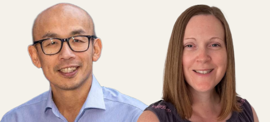 A composite image made up of head and shoulder portrait shots of Professor Gwo-tzer Ho on the left and Professor Nicola Veitch on the right