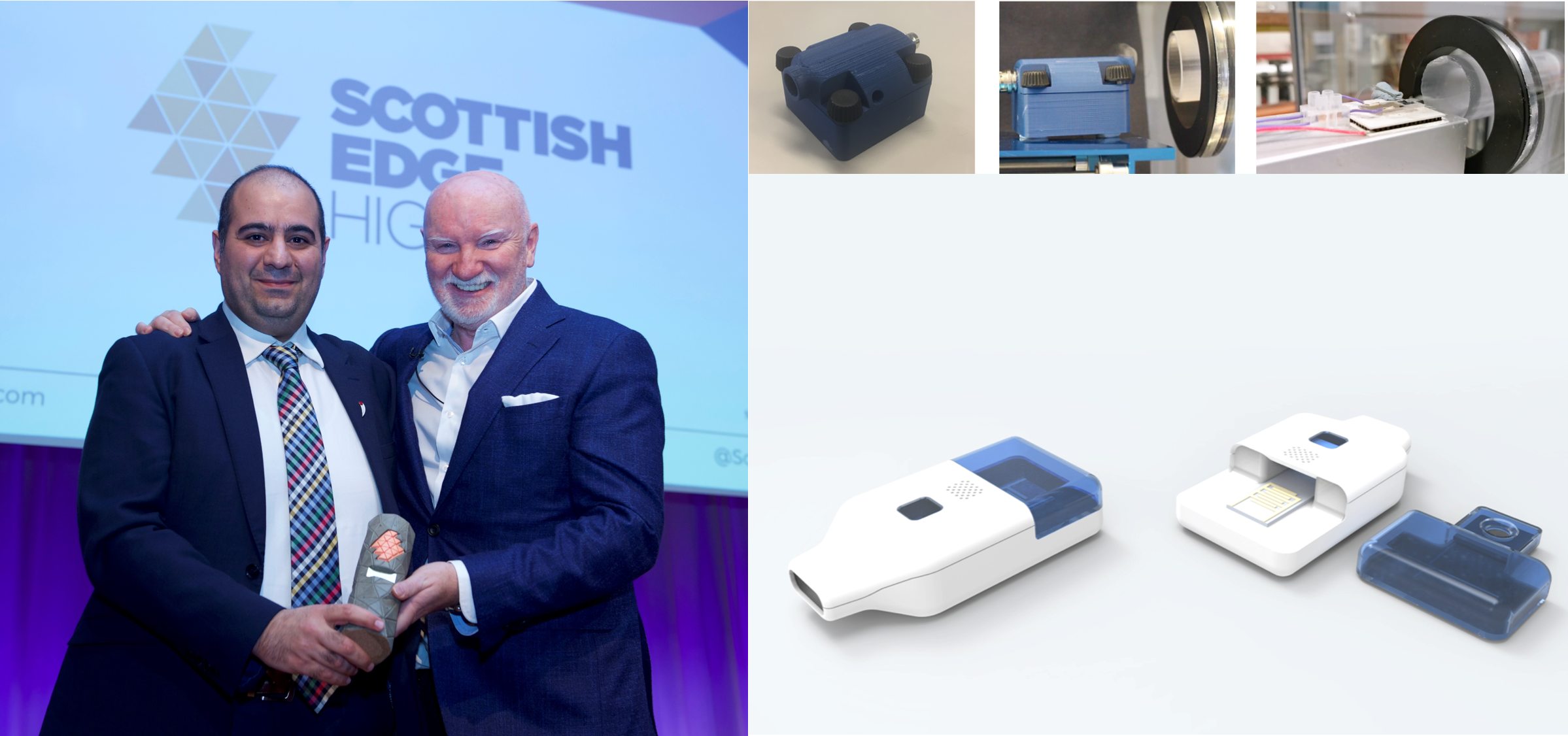 Nebu-Flow prototype and Dr Nazarzadeh accepting the Scottish Edge Higgs Award