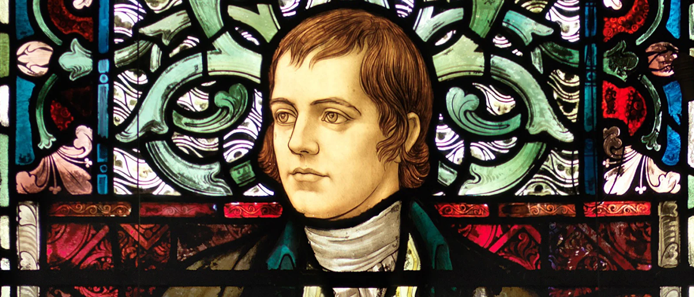 Stained glass picture of Robert Burns