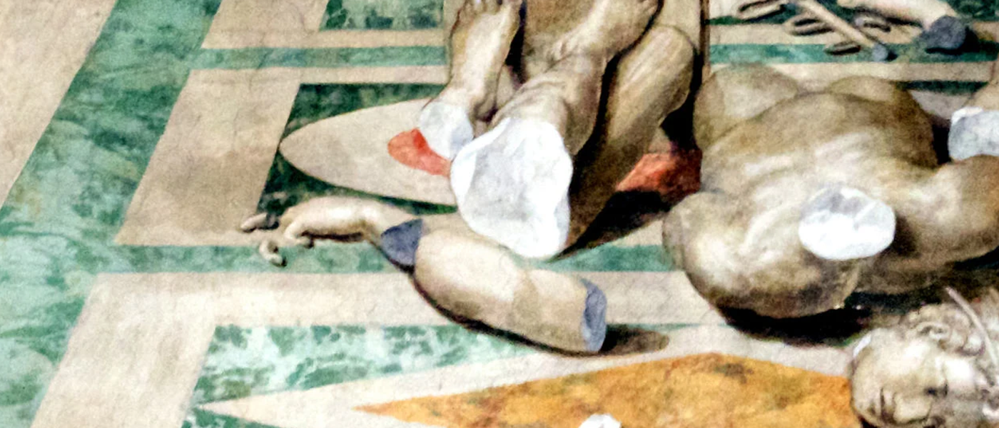A painting of a smashed statue on the floor