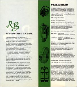 This leaflet details a selection of products offered by Reid Bros, and is printed in both English and Afrikaans, c1970s. (GUAS Ref: UGD 259/11/8. Copyright reserved.) 