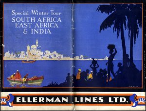 This brochure cover entitled 'Special Winter Tour: South Africa, East Africa and India' is for the ship 'City of Nagpur' which sailed to ports in Africa such as Cape Town, Durban, Zanzibar and Mombasa, c1920s or c1930s. (GUAS Ref: UGD 131/6/5/8. Copyright reserved.) 