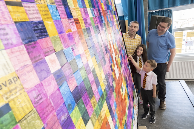 (clockwise from top left) Dr Calum Torrie of LIGO, Dr Andrew Spencer of the University of Glasgow, Cardonald Primary School P2 pupil Harry McGregor (age 6) and P7 pupil Darcie Ayton (Age 10)