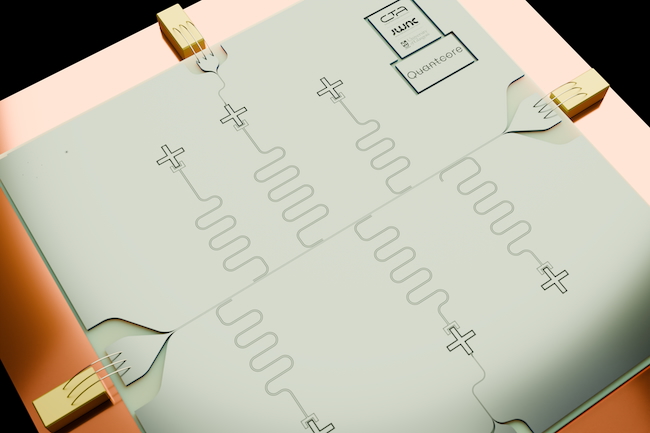 A superconducting quantum chip with six qubits (crosses), each of them coupled to its readout resonator. Image credit: Valentino Seferai / University of Glasgow